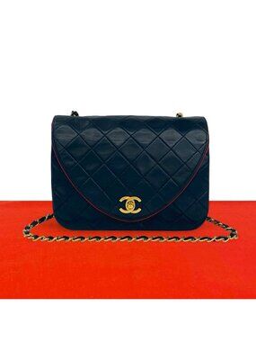 Chanel Quilted CC Logo Lambskin Shoulder Bag Navy Red Bicolor